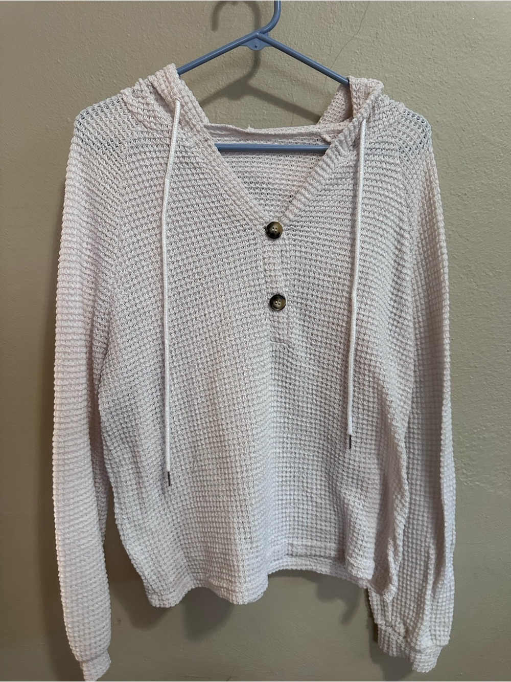 Light Pink Waffle-Knit Hooded Henley Top